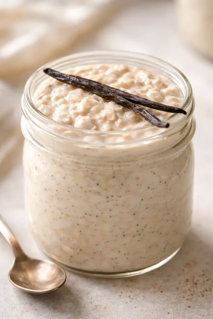 Jar of vanilla bean overnight oats with vanilla bean pod on top