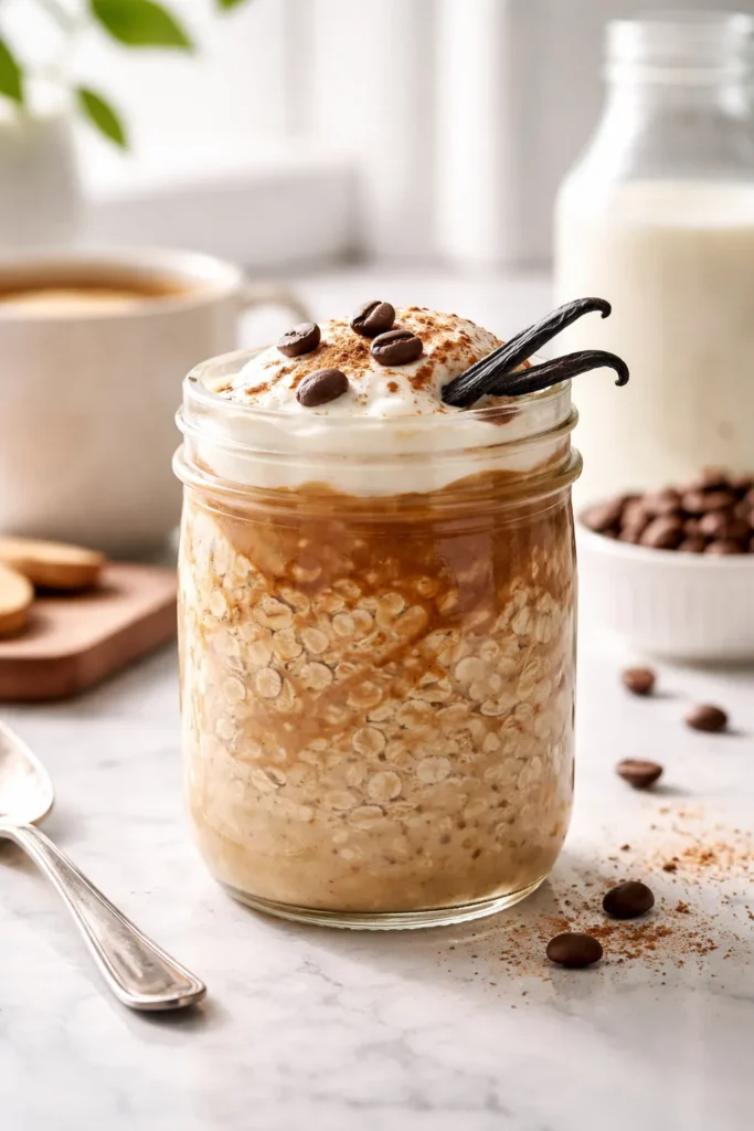 Vanilla Latte Overnight Oats with coffee swirl in a glass jar