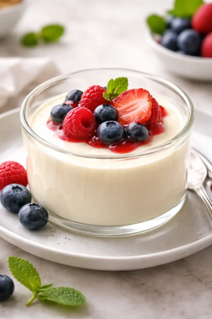 Silky vanilla panna cotta in a glass ramekin with berries on a white plate
