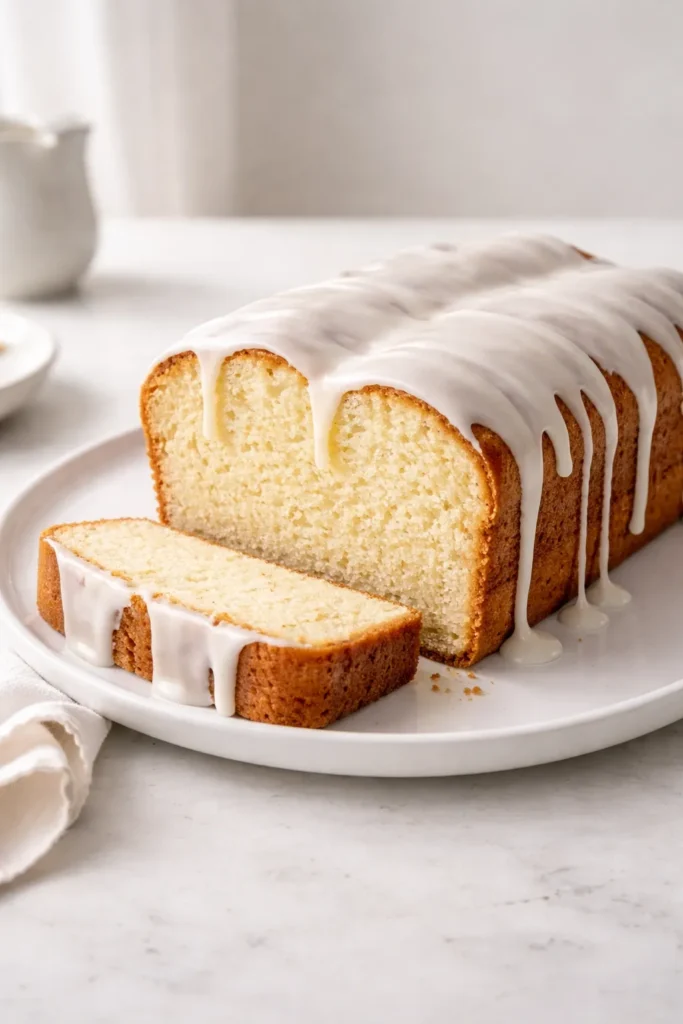 Classic vanilla pound cake with light glaze on white plate, minimalist presentation