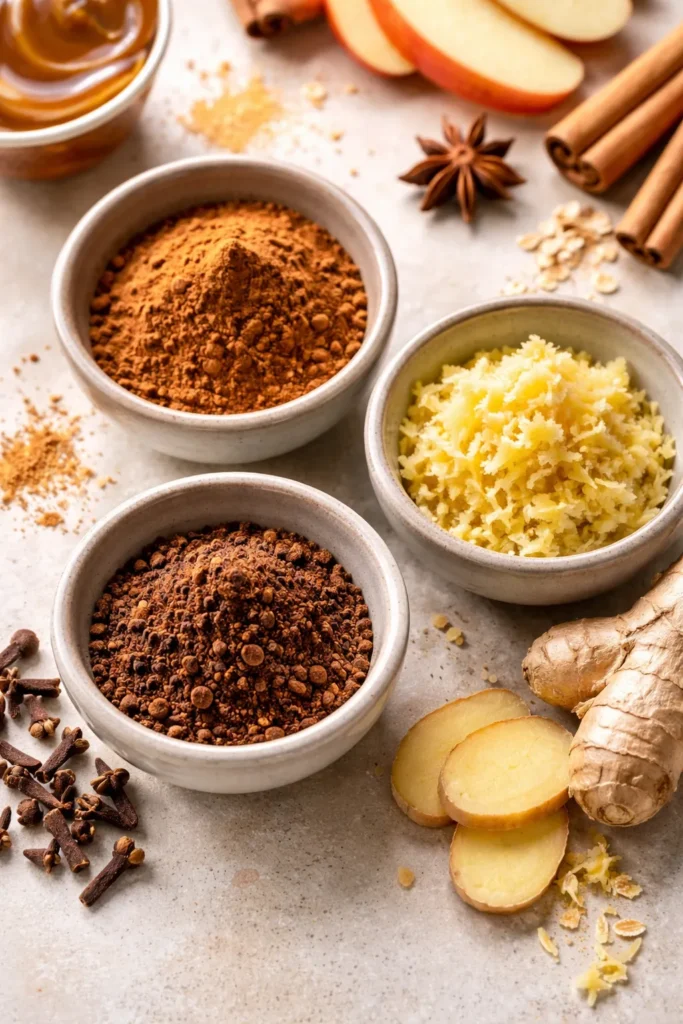 Three spice bowls with cinnamon, cloves, and grated ginger for variations