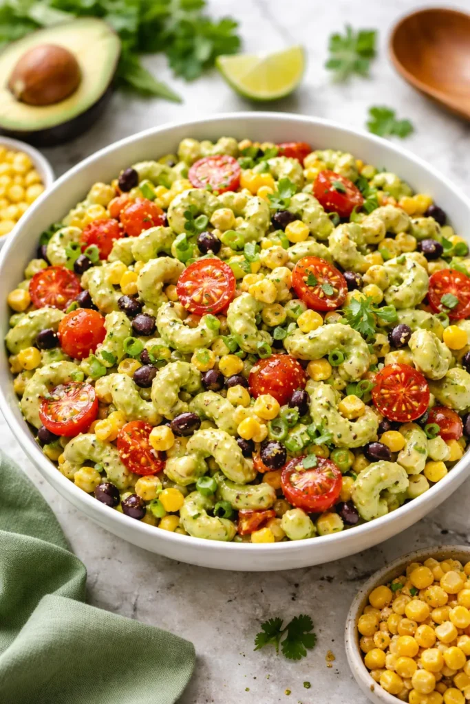 Vegan macaroni salad with avocado dressing and corn, beans, and tomatoes