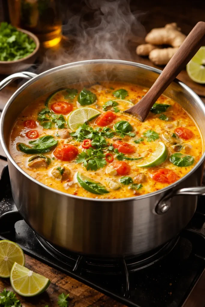 Pot of vegan Thai curry soup with tomato and coconut, steam rising