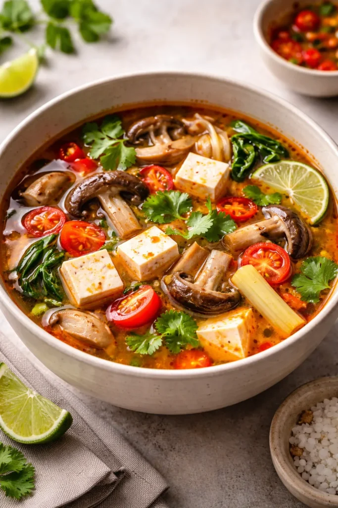 Vegan Tom Yum with mushrooms and tofu