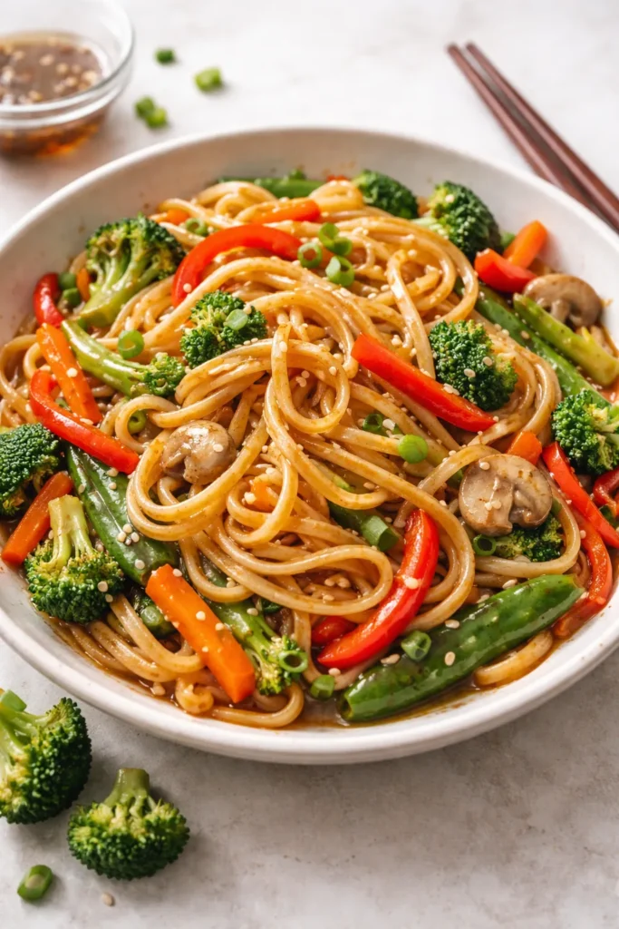 Vegetable lo mein noodles with colorful vegetables in a dish