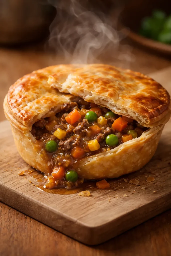 Close-up of a mince pie with visible carrot, peas and corn filling through the crust