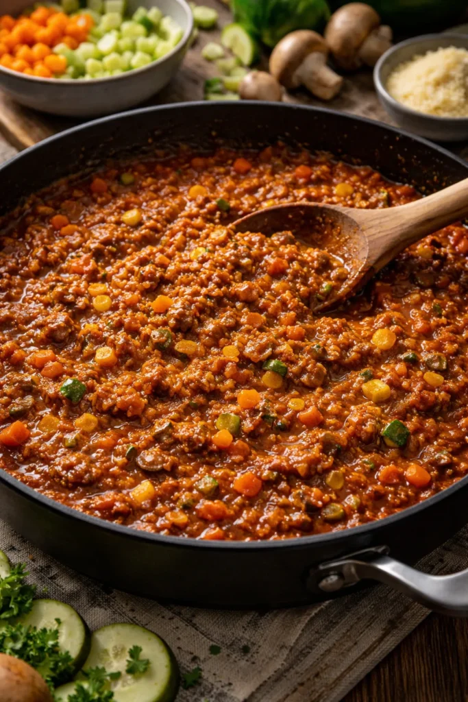 Glossy bolognese sauce in a skillet with finely chopped vegetables integrated