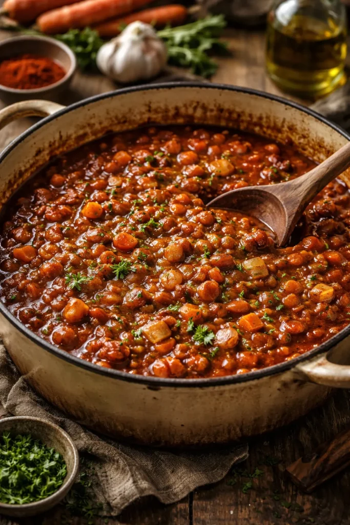 Close-up of Smoky BBQ Vegetarian Baked Beans in a pot.