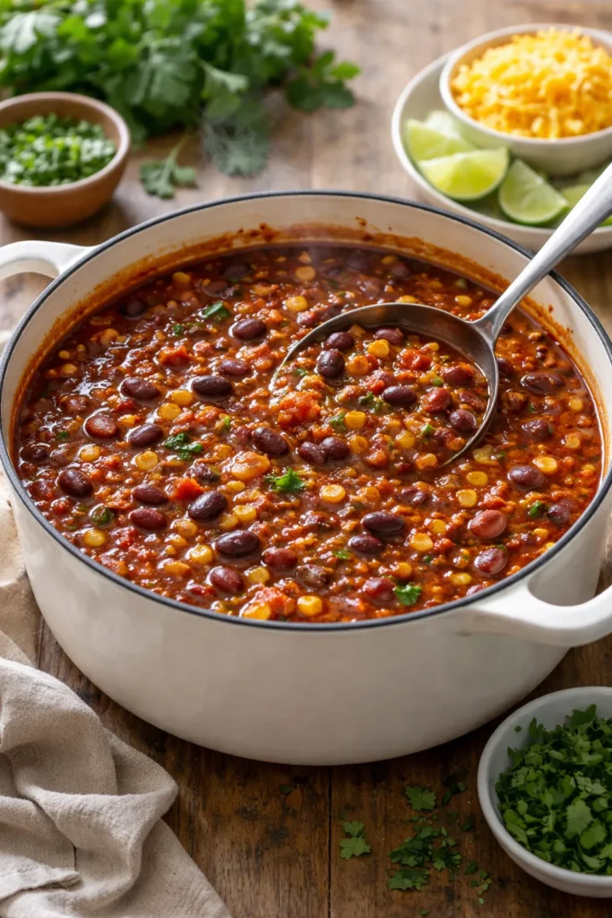 Three-bean vegetarian chili in a pot with visible beans