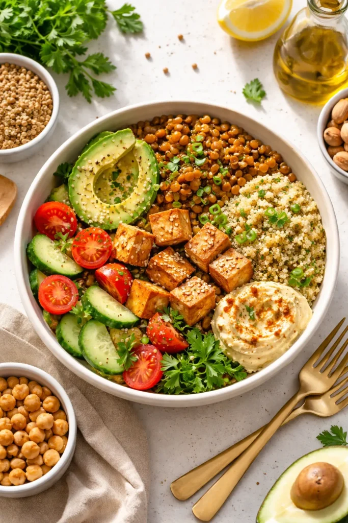 Protein-packed vegetarian dinner bowl with lentils, tofu, and quinoa