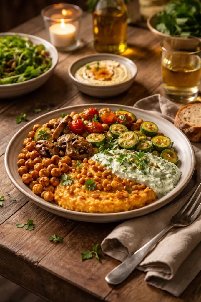 Plate of comforting vegetarian dinner in warm kitchen light