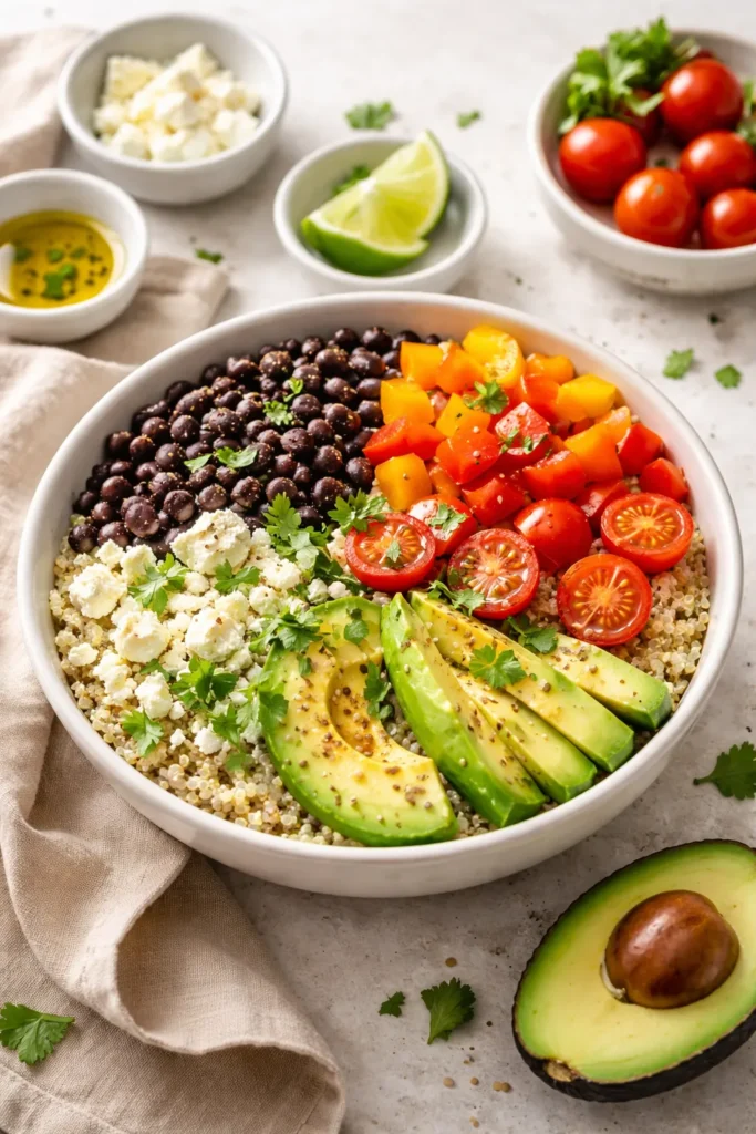 Top-down view of Basic Vegetarian Protein Bowl with beans, veggies, avocado, and feta
