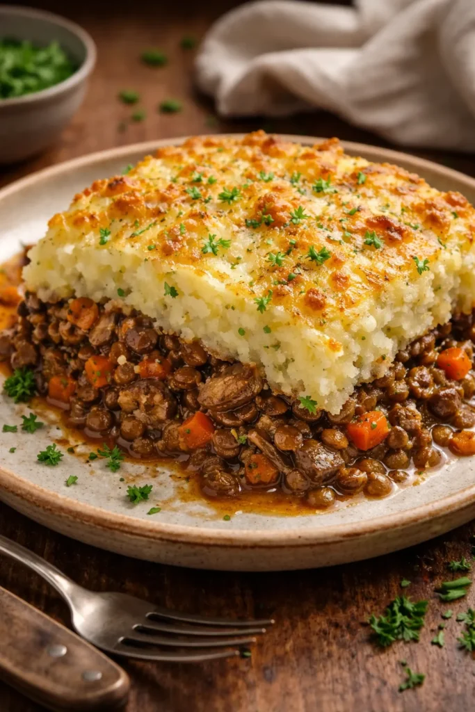 Slice of vegetarian shepherd's pie showing lentil filling and mashed potato