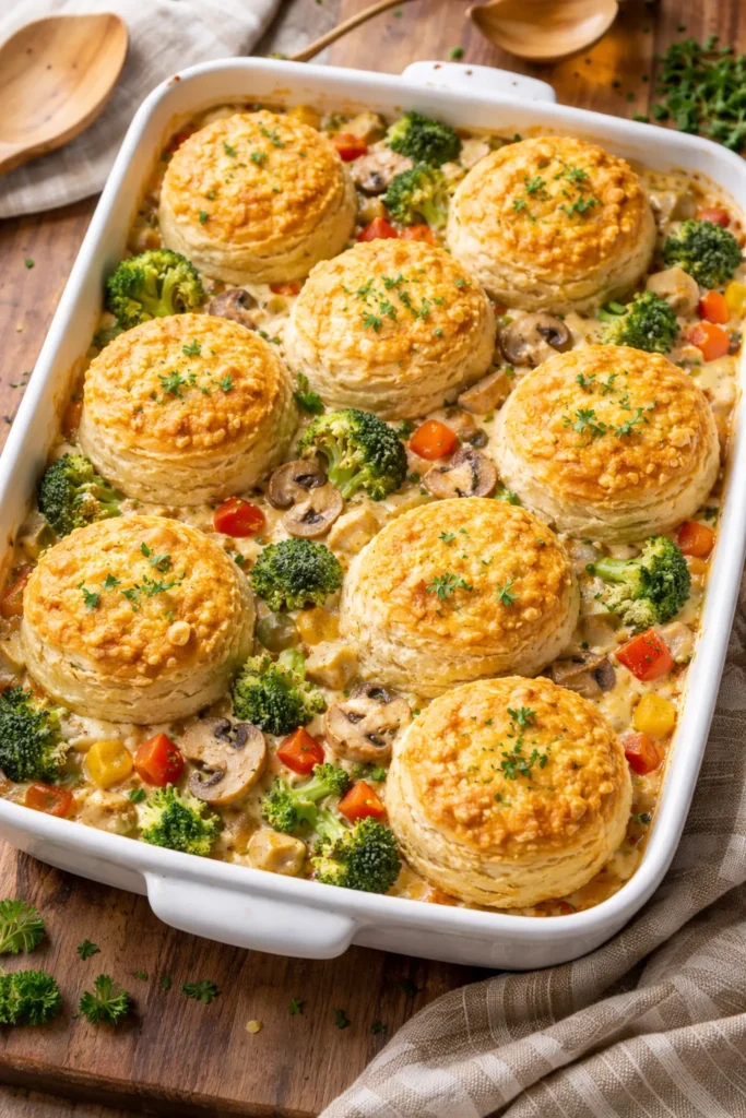 Veggie-packed chicken and biscuits in a baking dish with colorful vegetables