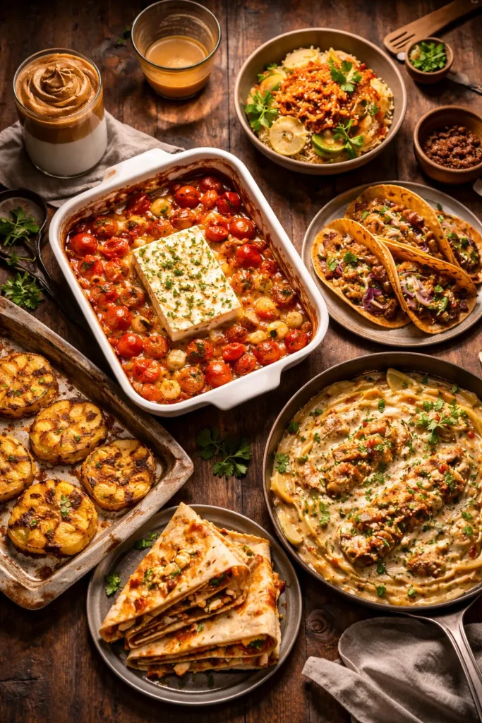Assortment of plated viral TikTok dishes on a wooden table