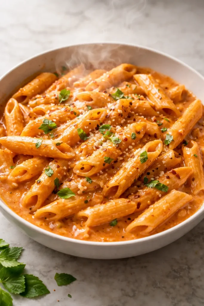 Creamy pink vodka pasta with tomato sauce and glossy coating