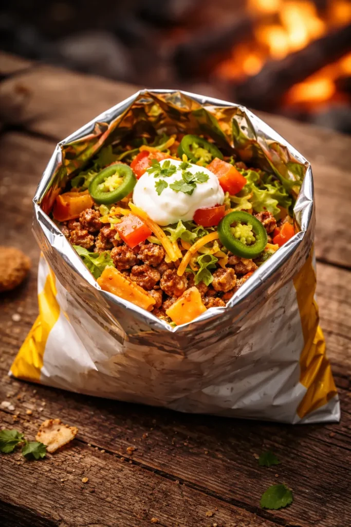 Open chip bag filled with seasoned meat and toppings for walking tacos