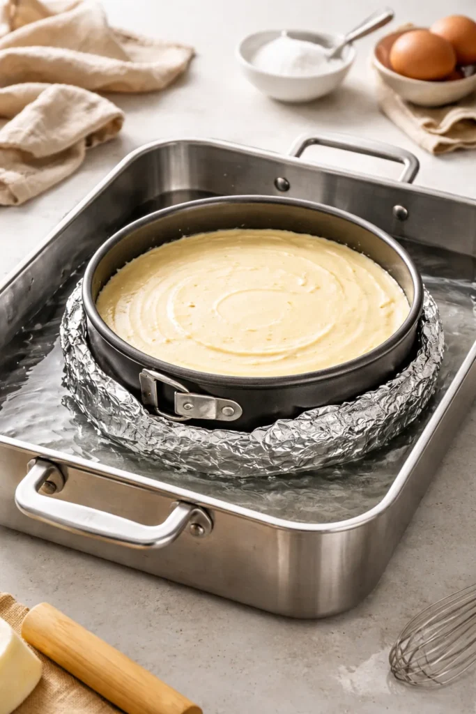 Cheesecake in water bath inside a foil-wrapped pan in a roasting dish