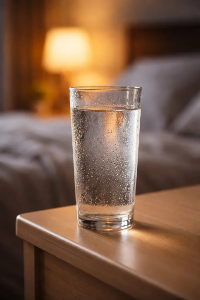 Close-up of a tall glass of water on a nightstand highlighting hydration.