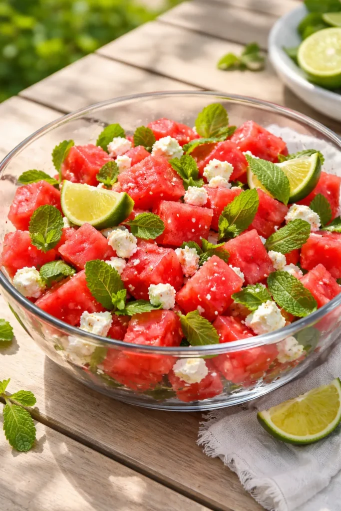 Watermelon cubes with feta and mint in a glass bowl on a wooden table