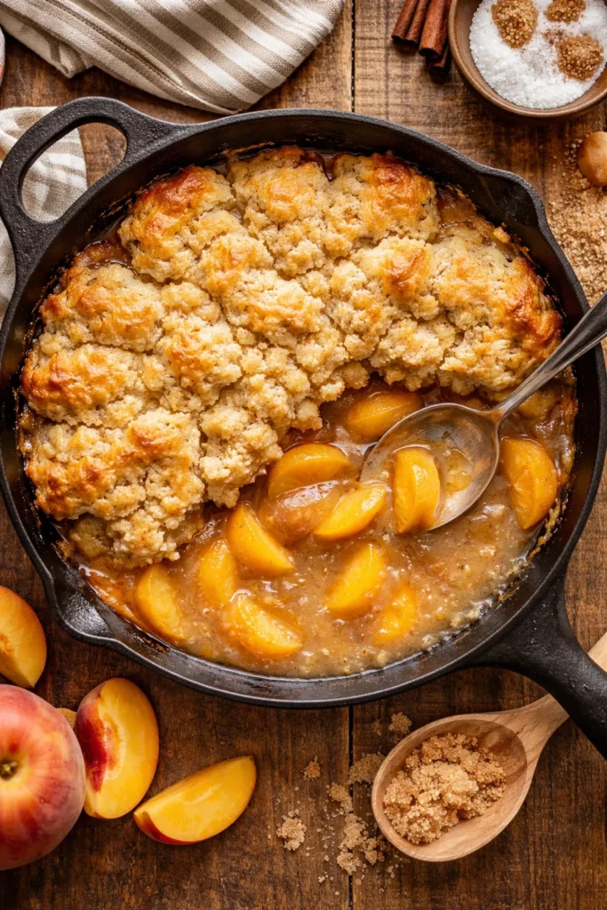 Watery peach cobbler in a skillet showing pooling filling