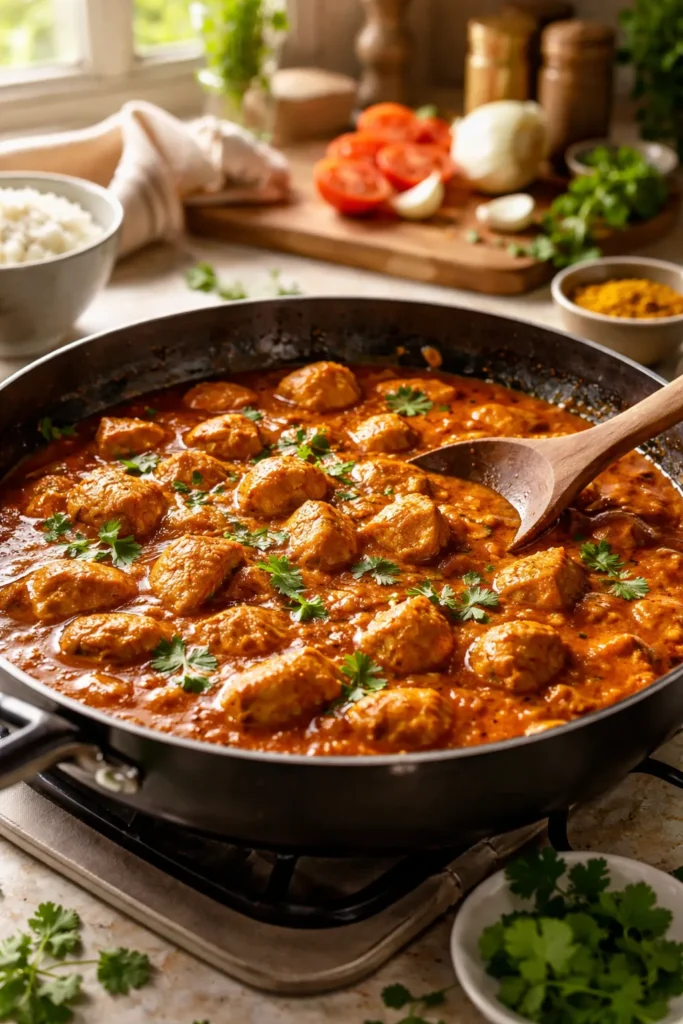 Close-up of glossy curry simmering in a pan, suggesting weeknight speed