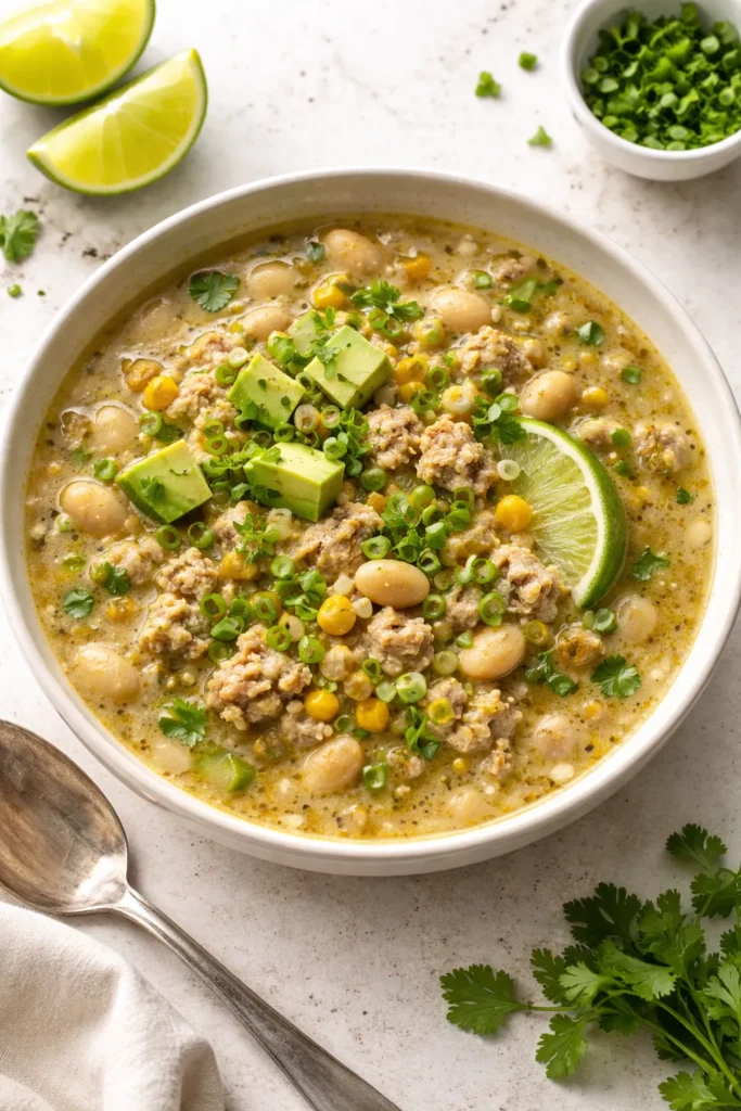 White chicken chili in a bowl with white beans