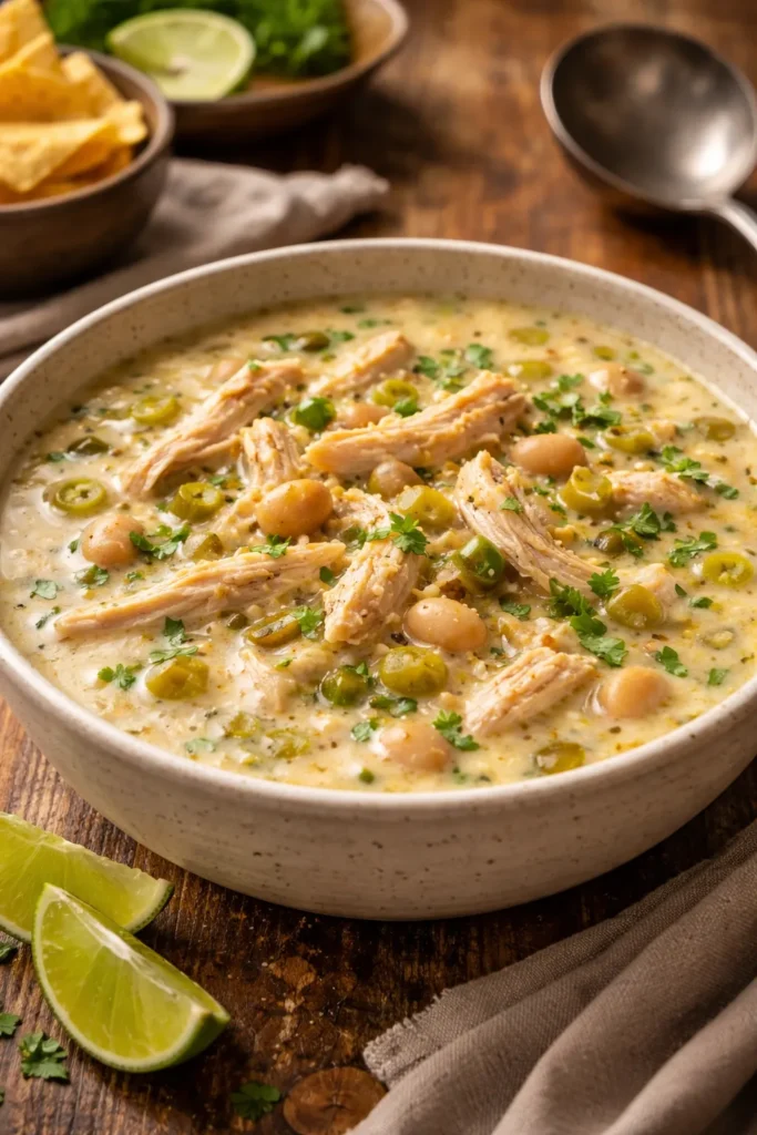 Creamy white chicken chili in a bowl with beans and shredded chicken