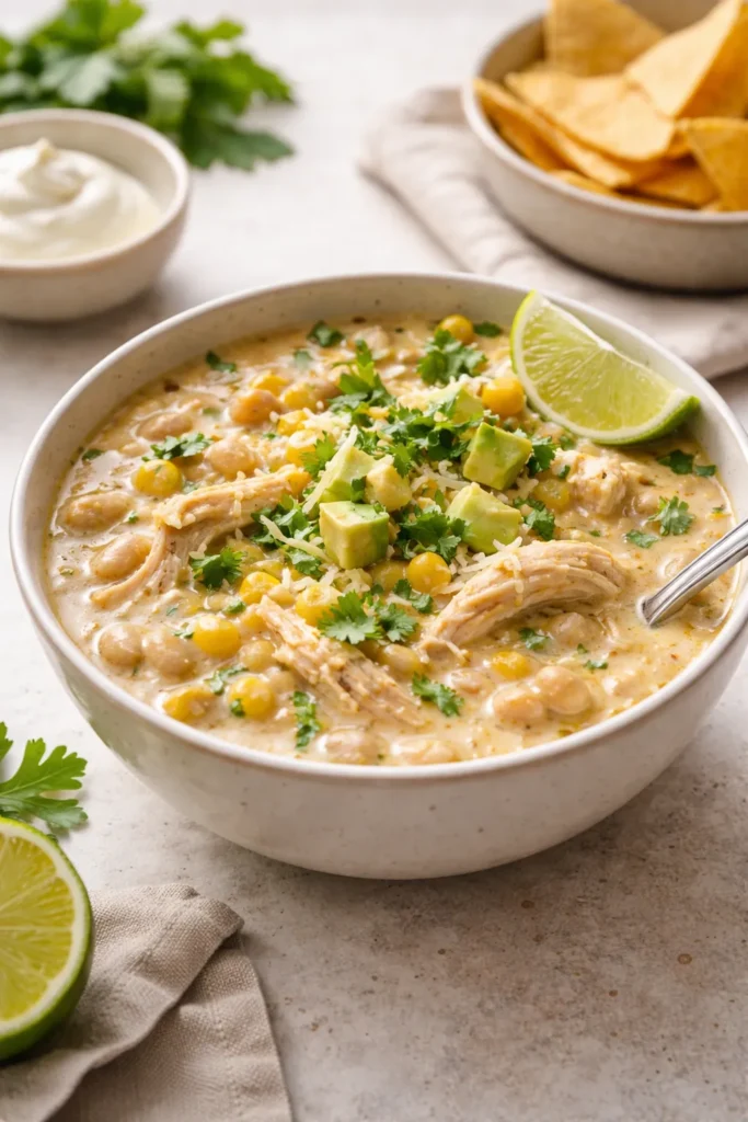 Creamy white chicken chili in a bowl with beans and chicken