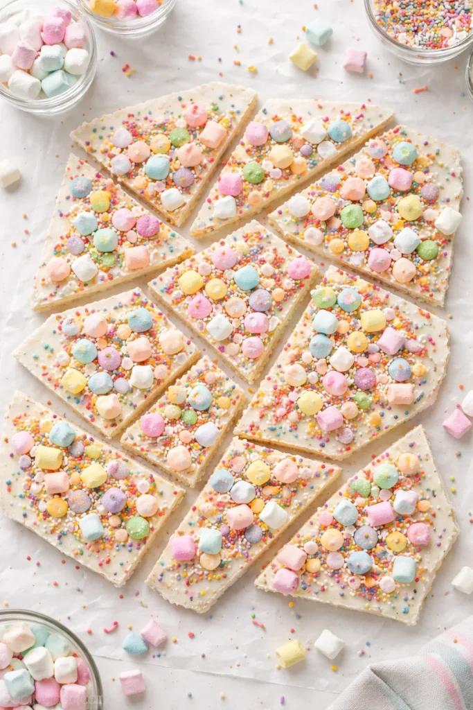 White chocolate bark with marshmallows and rainbow sprinkles