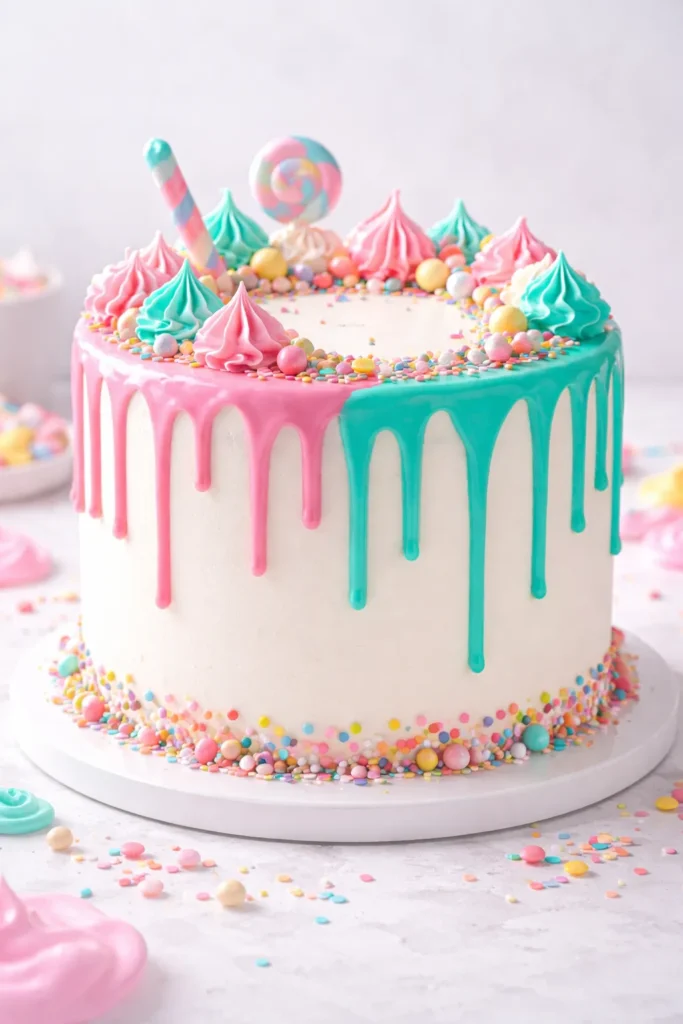 White chocolate drip cake with bright pink and teal drips on white frosting