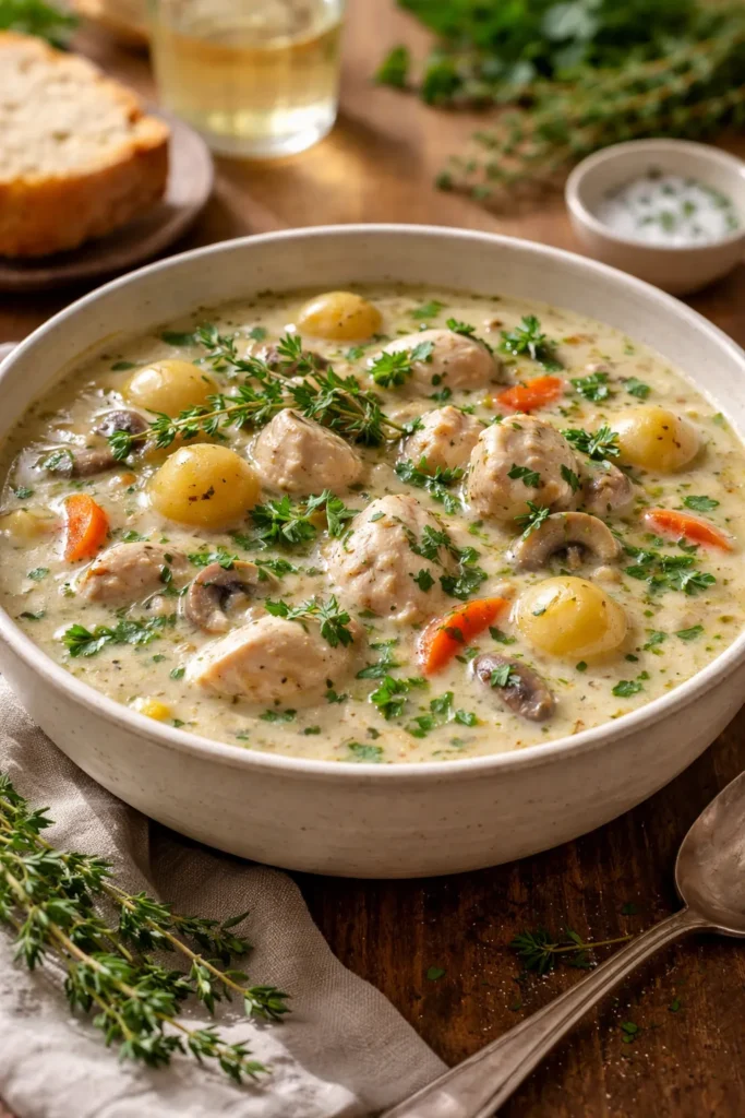 Creamy white wine chicken stew with fresh herbs in a bowl.