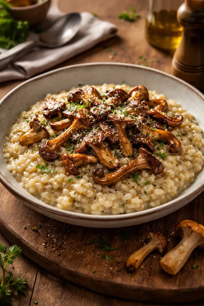 Creamy wild mushroom risotto with browned mushrooms