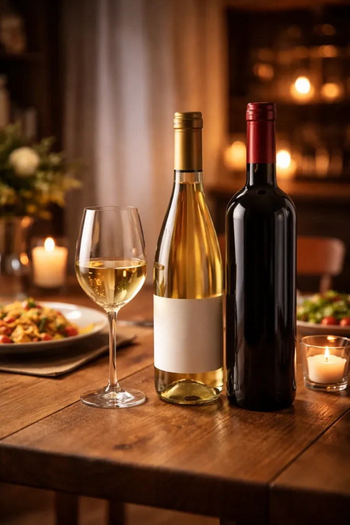 Unlabeled wine bottles and glass on table for wine pairing