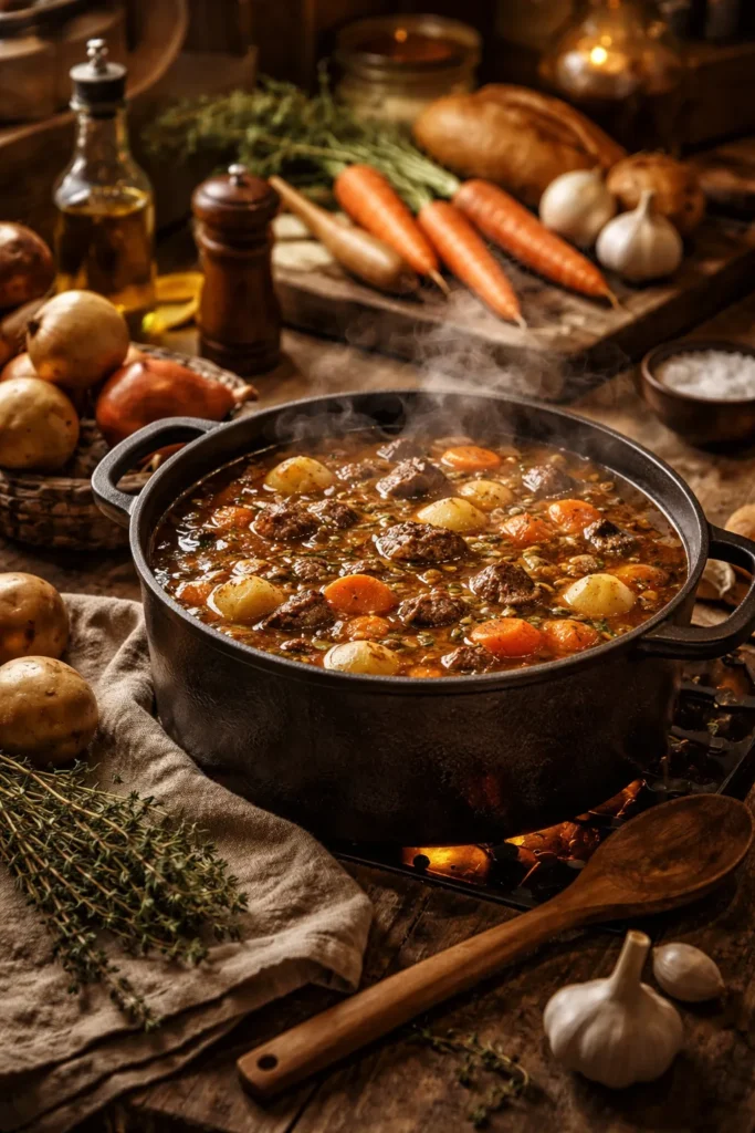 Rustic kitchen pot simmering winter stew with root vegetables around it