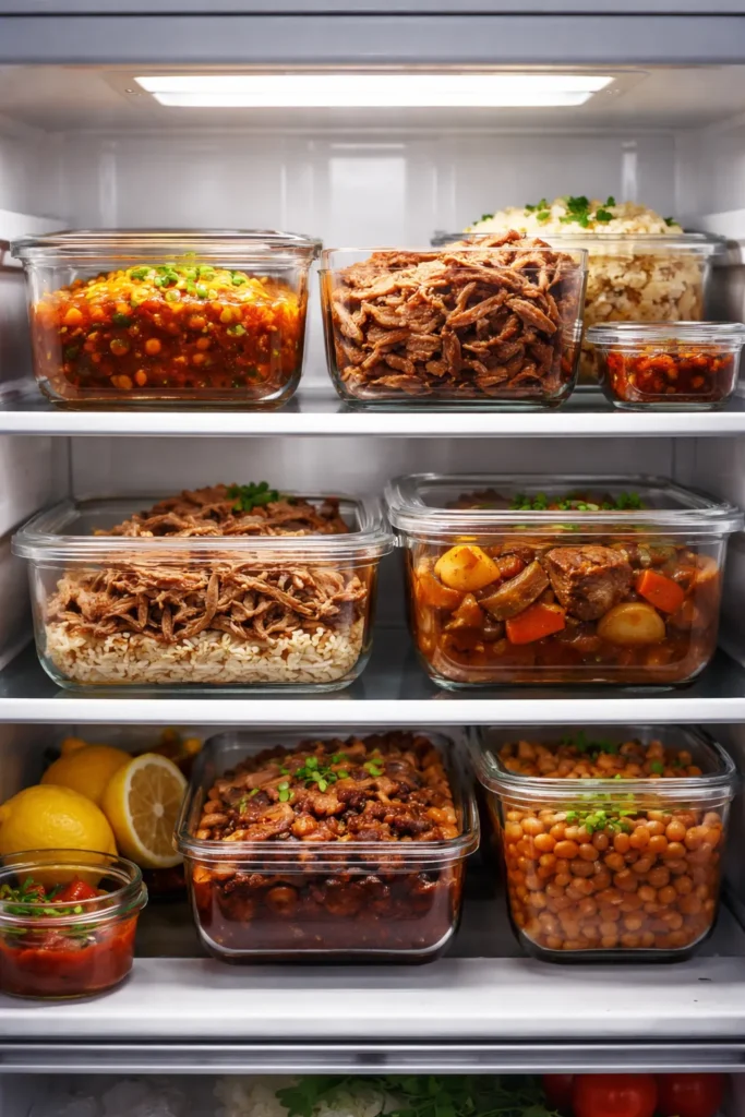 Leftovers stored in glass containers in a refrigerator for easy reheating