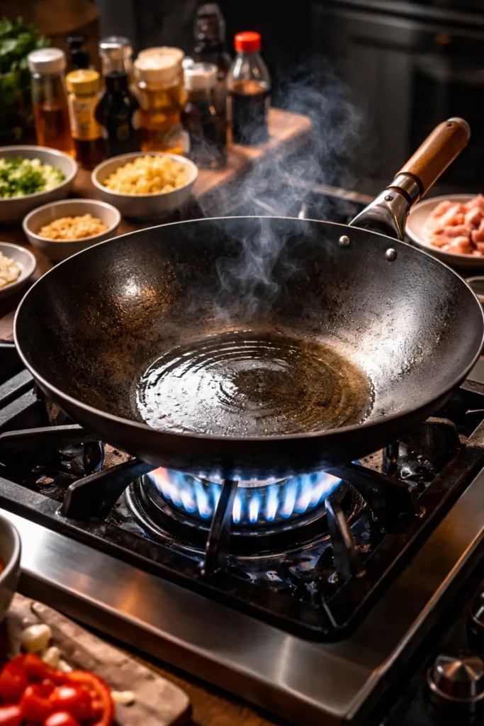 Wok on high-heat burner with blue flame and shimmering oil