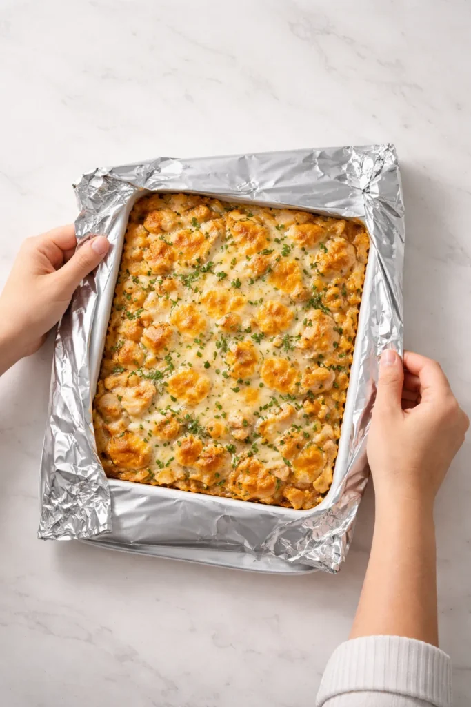 Casserole dish being wrapped in foil on a clean surface