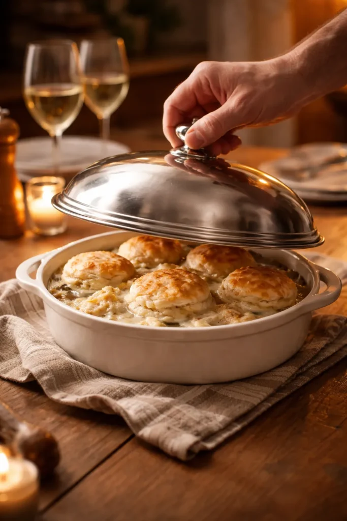 Hand placing cloche on dish to indicate wrapping up dinner