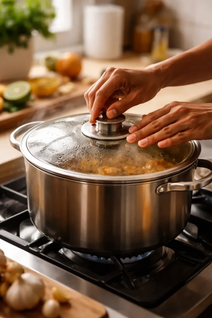 Hands placing a lid on a pot to symbolize wrapping up cooking