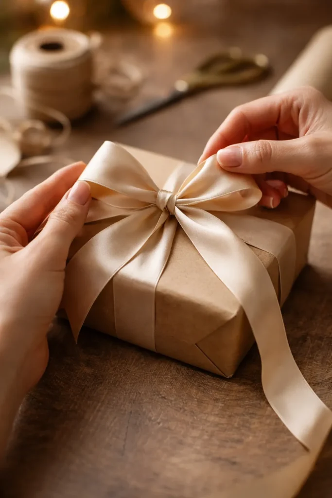 Hands tying a ribbon around a gift box