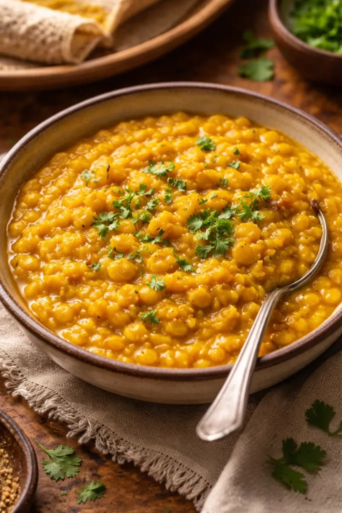 Golden yellow split pea stew in a bowl with a creamy texture