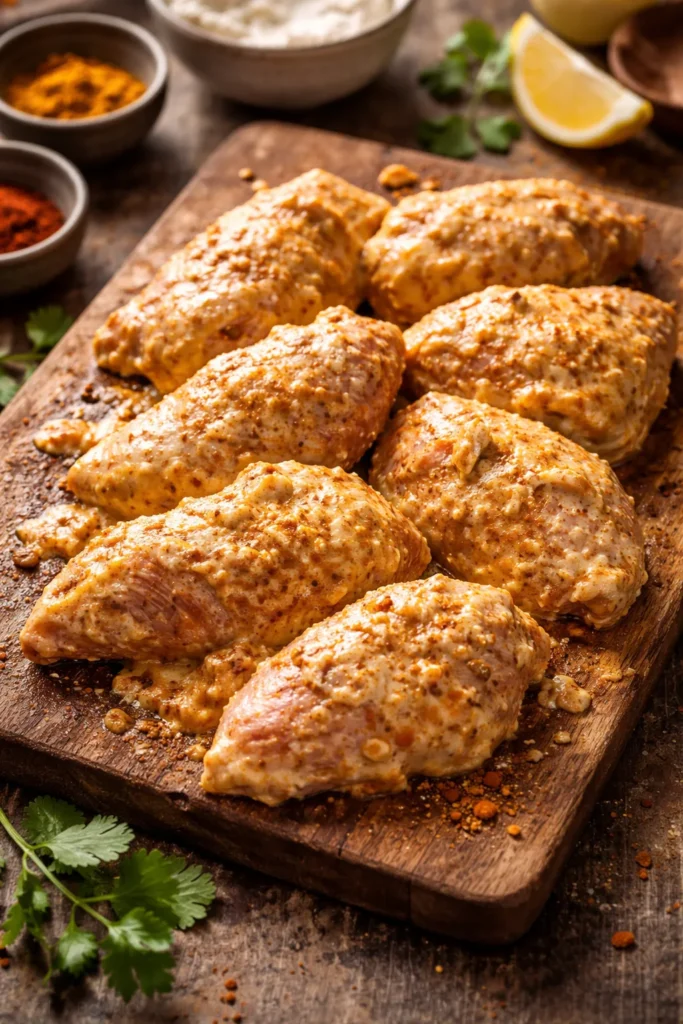 Close-up of chicken coated in thick yogurt marinade with visible spices on a wooden board
