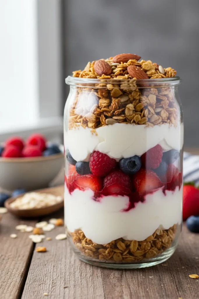 Layered yogurt parfait with fresh berries and granola in a glass jar