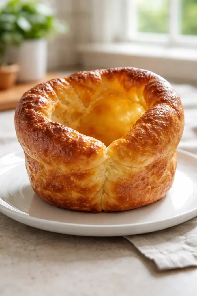 Tall Yorkshire pudding with hollow center and crisp edges on a plate
