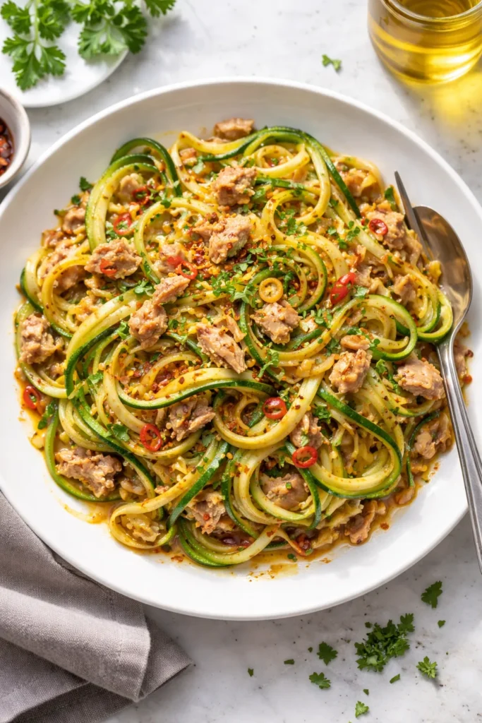 Zucchini pasta with tuna and chili on a plate
