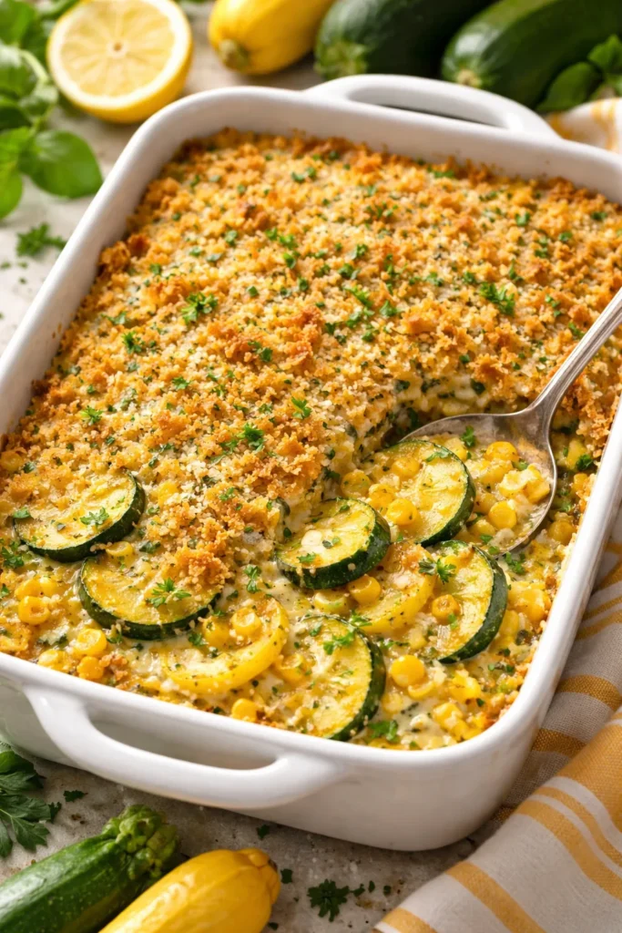 Layered zucchini, squash, and corn casserole with a crisp Parmesan-panko crust.