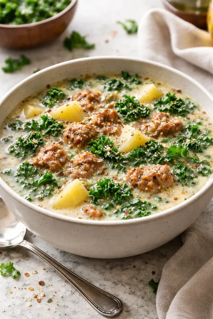 Bowl of Zuppa Toscana with sausage, potatoes, and kale in a creamy broth.