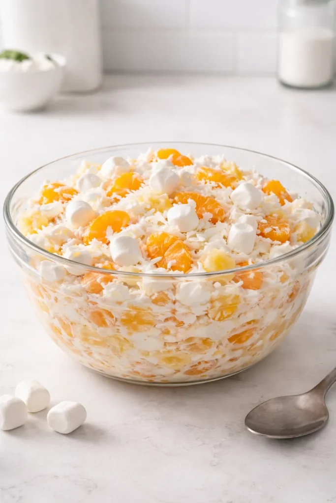 Simple five-cup ambrosia salad showing five distinct traditional ingredients