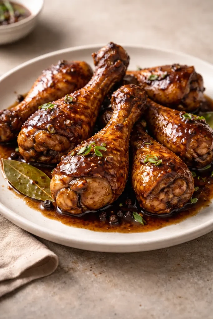 Adobo-glazed chicken drumsticks with soy-vinegar glaze on a plain plate